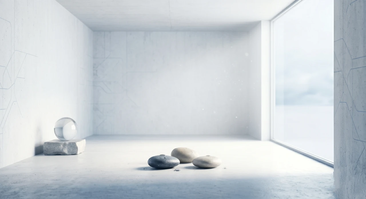 Minimalist pedagogical resource: transparent crystal ball in an empty room. Symbolic representation of Lesson 1 of ACIM on perception and meaning, with a calming color palette in shades of #516982 and white.